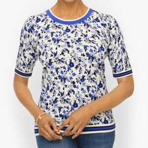Talbots Elbow Sleeve Sweater Floral Blue White Cotton Rayon Sz XL Cottagecore